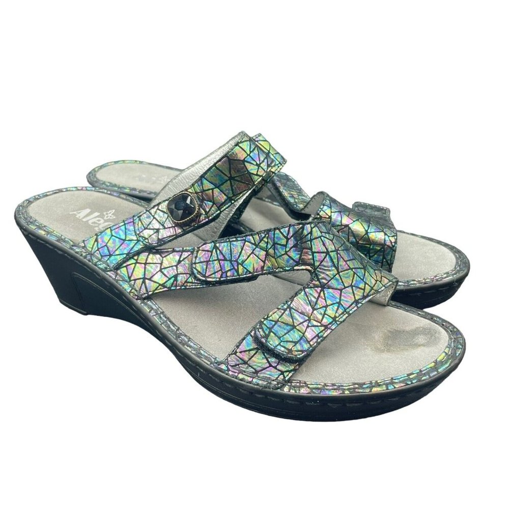 Alegria Loti Tectonic Slip On Wedge Sandals Womens 39 Comfort Iridescent Leather